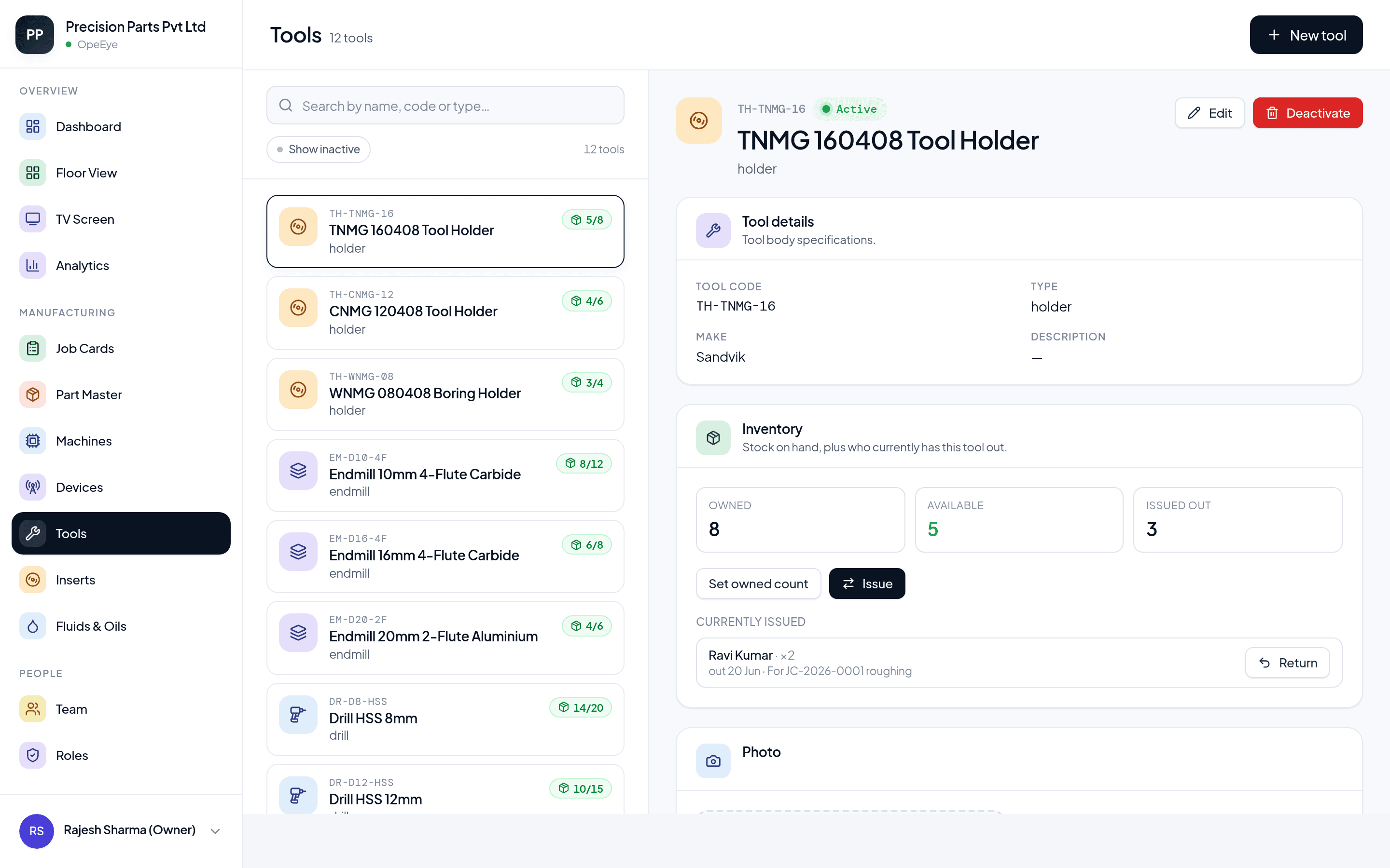 Tools — inventory, issues and measured tool life